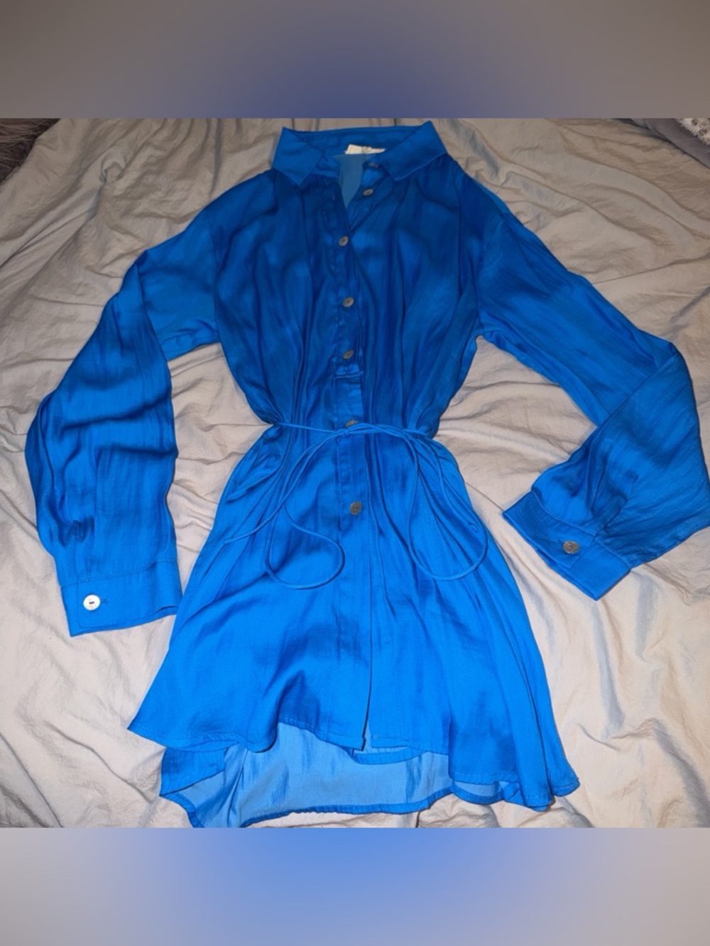 Blue Women's Shirt Romper Dress with Waist Tie